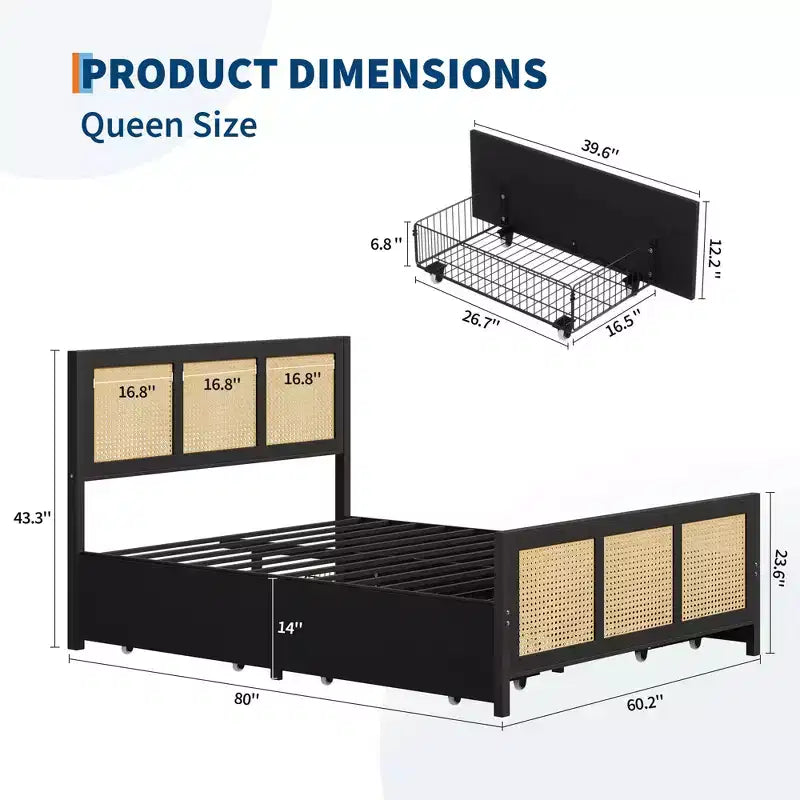 Boho Rattan Full Bed Frame with 4 Storage Drawers & LED Headboard