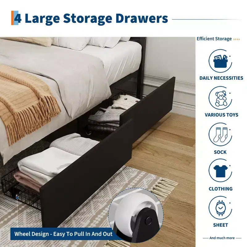Boho Rattan Full Bed Frame with 4 Storage Drawers & LED Headboard