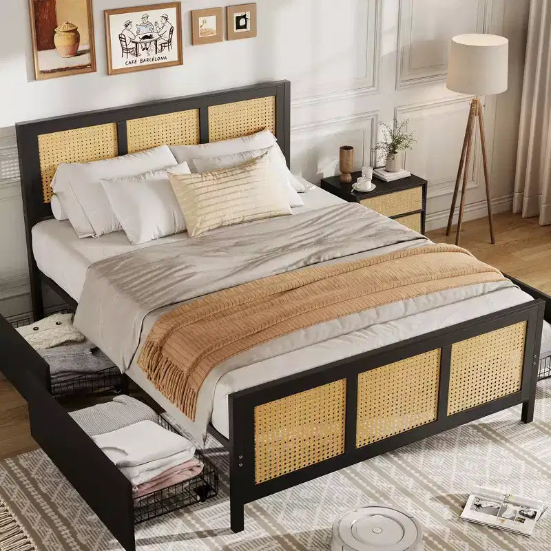 Boho Rattan Full Bed Frame with 4 Storage Drawers & LED Headboard