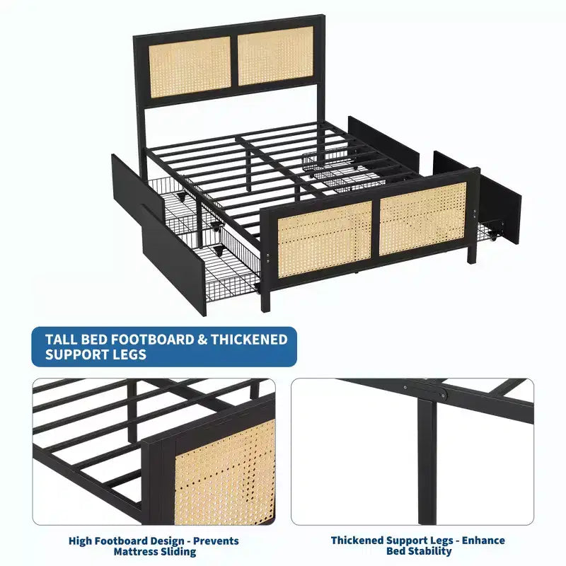 Boho Rattan Full Bed Frame with 4 Storage Drawers & LED Headboard