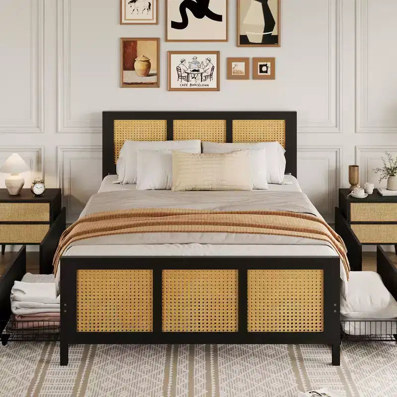Boho Rattan Full Bed Frame with 4 Storage Drawers & LED Headboard
