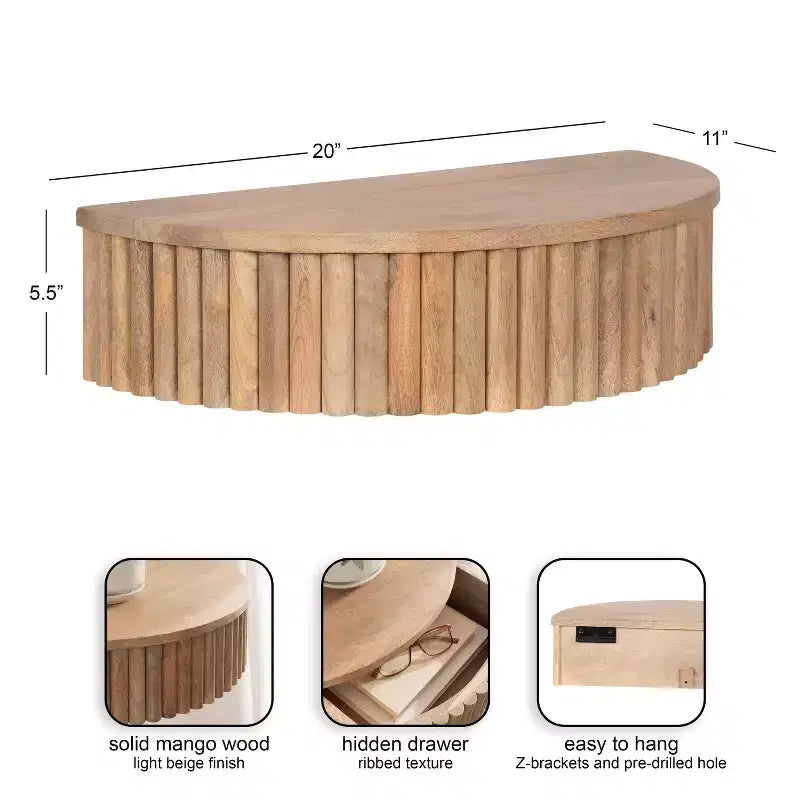Ribbed Floating Side Table, 20x11x6, Natural