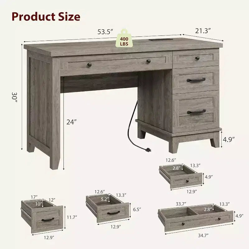 Office Desk with File Drawer, 53.5" Wooden Writing Desk for Home Office - Sturdy Workstation with Ample Storage