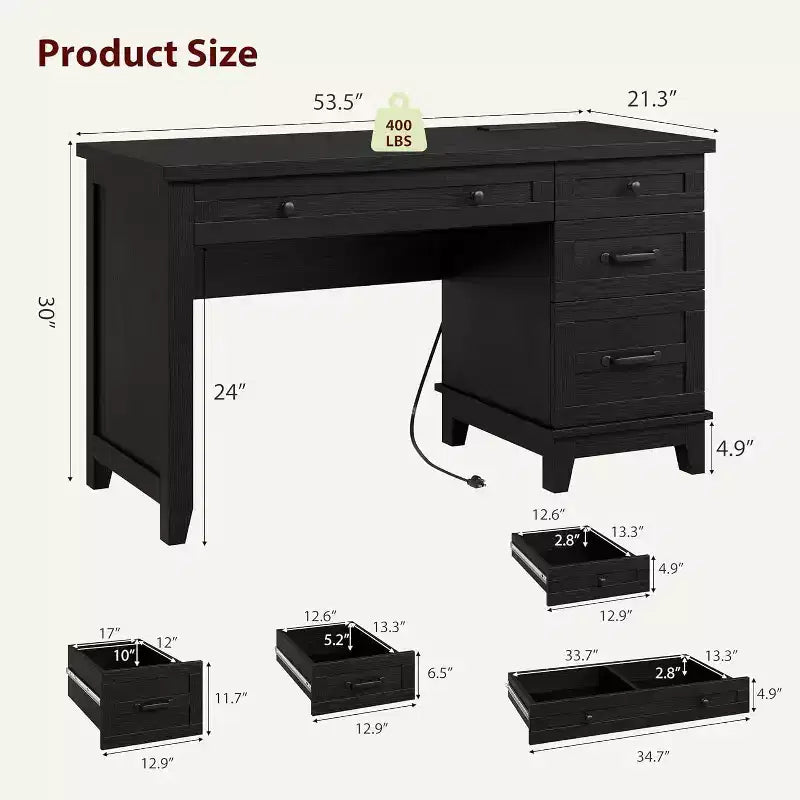 Office Desk with File Drawer, 53.5" Wooden Writing Desk for Home Office - Sturdy Workstation with Ample Storage