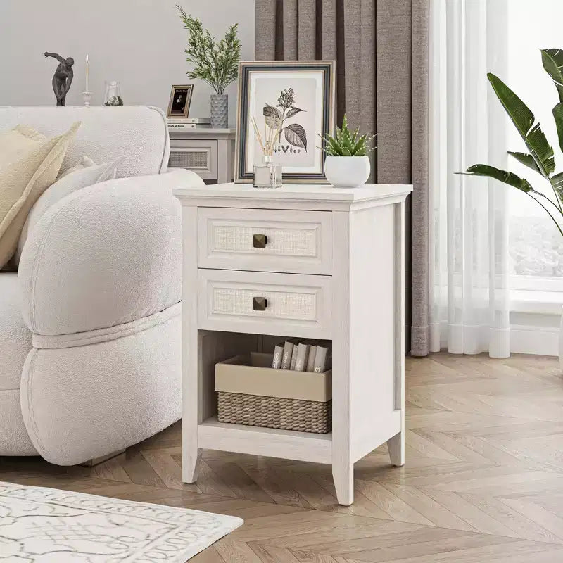 Boho Rattan Nightstand with 2 Drawers, 27 Tall Grayish White Bedside Table, Small Space Storage Side Table for Bedroom Living Room