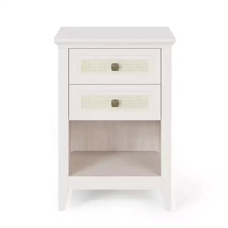 Boho Rattan Nightstand with 2 Drawers, 27" Tall Grayish White Bedside Table, Small Space Storage Side Table for Bedroom & Living Room