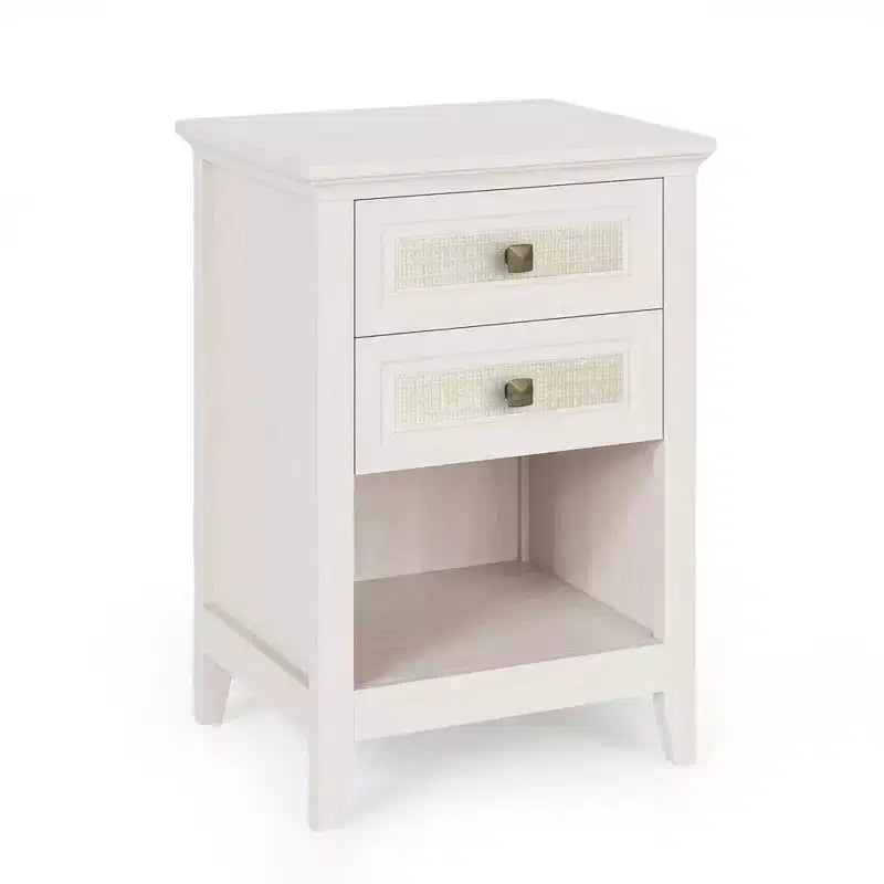 Boho Rattan Nightstand with 2 Drawers, 27" Tall Grayish White Bedside Table, Small Space Storage Side Table for Bedroom & Living Room