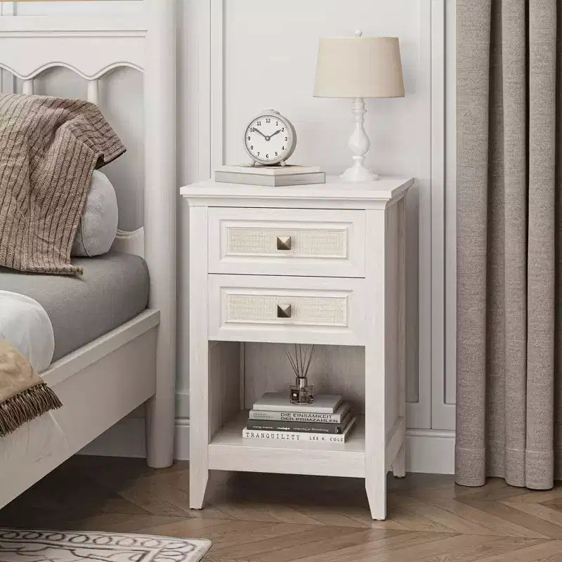 Boho Rattan Nightstand with 2 Drawers, 27" Tall Grayish White Bedside Table, Small Space Storage Side Table for Bedroom & Living Room