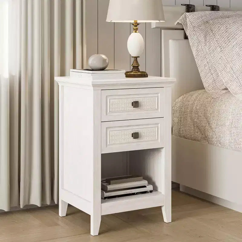 Boho Rattan Nightstand with 2 Drawers, 27" Tall Grayish White Bedside Table, Small Space Storage Side Table for Bedroom & Living Room