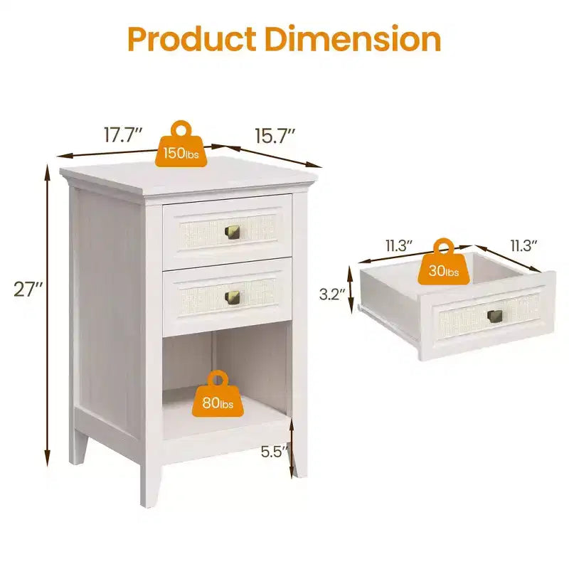 Boho Rattan Nightstand with 2 Drawers, 27" Tall Grayish White Bedside Table, Small Space Storage Side Table for Bedroom & Living Room