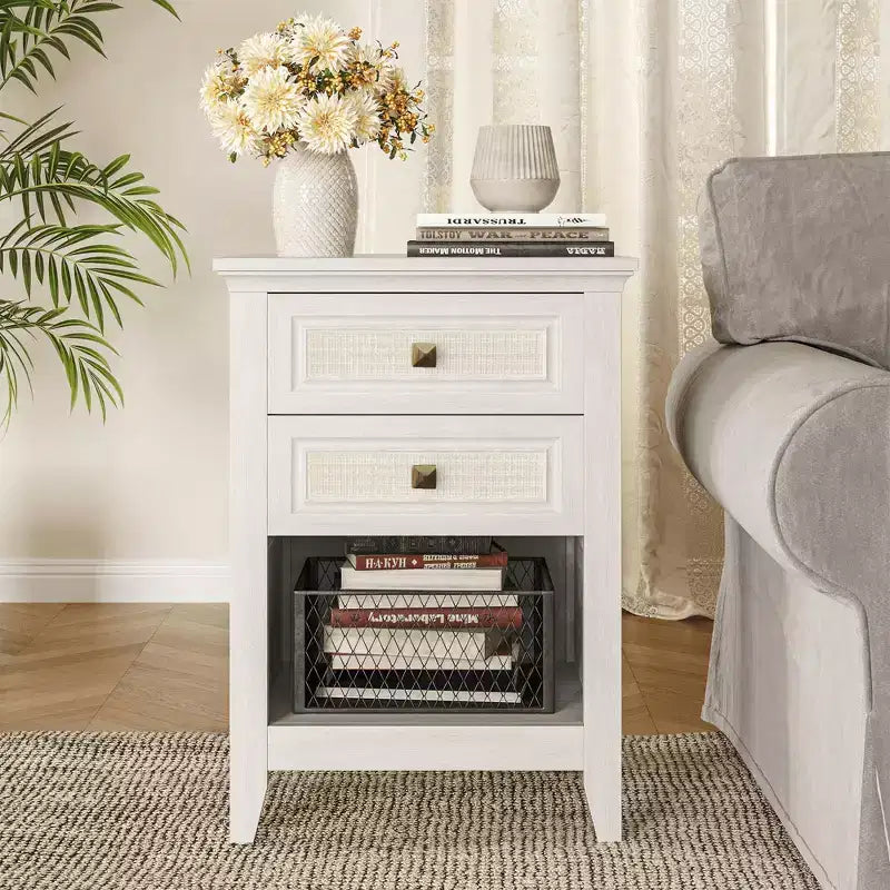 Boho Rattan Nightstand with 2 Drawers, 27" Tall Grayish White Bedside Table, Small Space Storage Side Table for Bedroom & Living Room