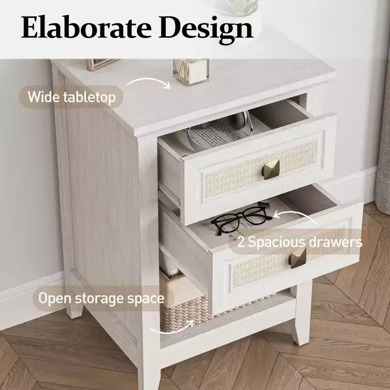 Boho Rattan Nightstand with 2 Drawers, 27" Tall Grayish White Bedside Table, Small Space Storage Side Table for Bedroom & Living Room