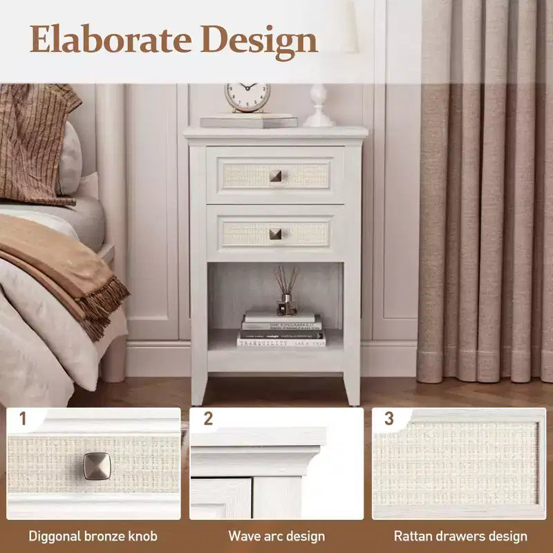 Boho Rattan Nightstand with 2 Drawers, 27" Tall Grayish White Bedside Table, Small Space Storage Side Table for Bedroom & Living Room