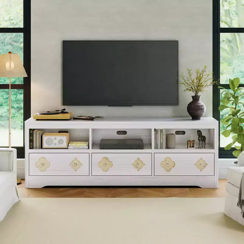 70" Mid-Century Modern TV Stand for TVs up to 85", Entertainment Center with Engraved Drawer and Open Storage Shelves