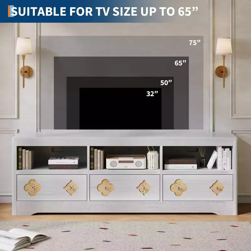70" Mid-Century Modern TV Stand for TVs up to 85", Entertainment Center with Engraved Drawer and Open Storage Shelves