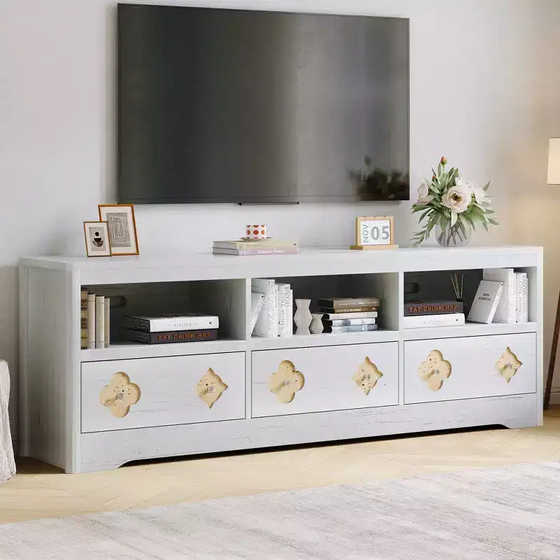70" Mid-Century Modern TV Stand for TVs up to 85", Entertainment Center with Engraved Drawer and Open Storage Shelves