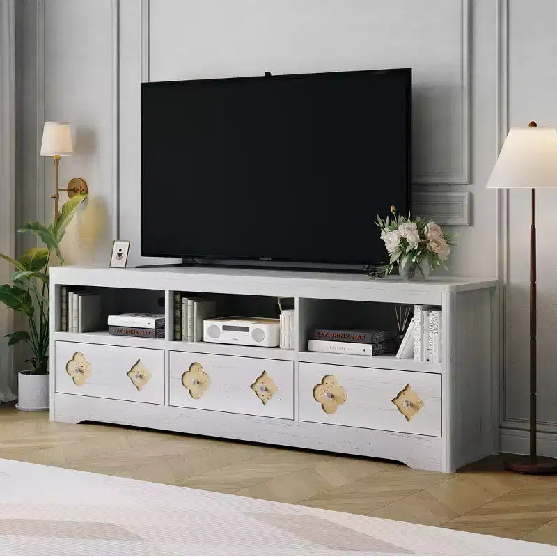 70" Mid-Century Modern TV Stand for TVs up to 85", Entertainment Center with Engraved Drawer and Open Storage Shelves