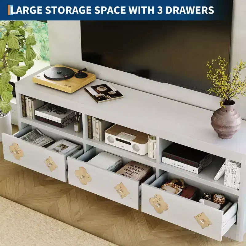 70" Mid-Century Modern TV Stand for TVs up to 85", Entertainment Center with Engraved Drawer and Open Storage Shelves