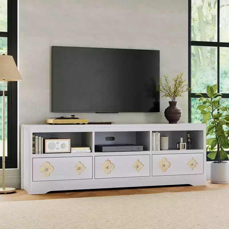70" Mid-Century Modern TV Stand for TVs up to 85", Entertainment Center with Engraved Drawer and Open Storage Shelves