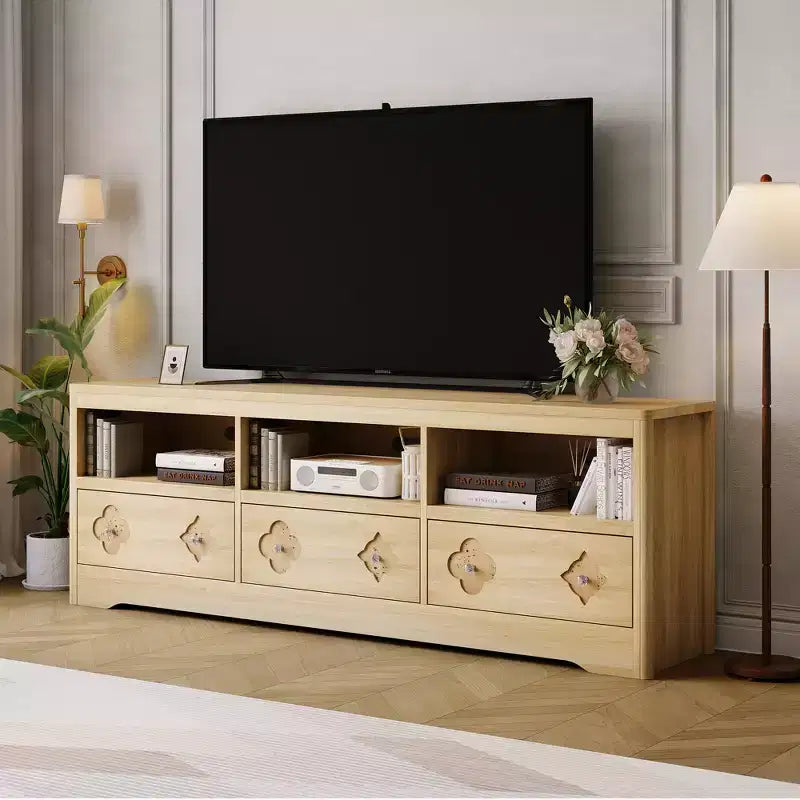 70" Mid-Century Modern TV Stand for TVs up to 85", Entertainment Center with Engraved Drawer and Open Storage Shelves