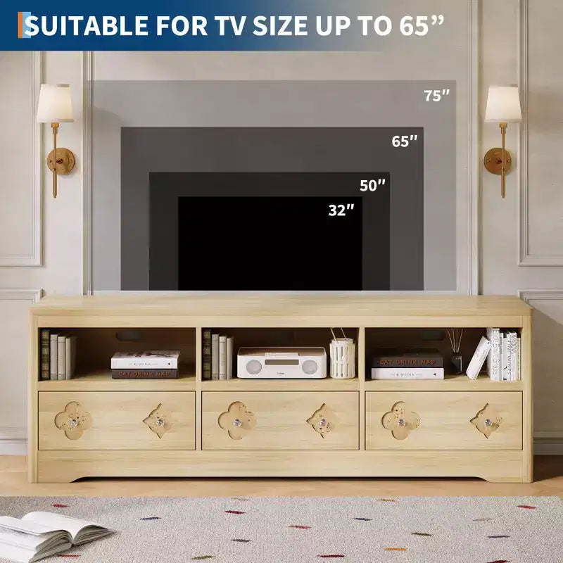 70" Mid-Century Modern TV Stand for TVs up to 85", Entertainment Center with Engraved Drawer and Open Storage Shelves