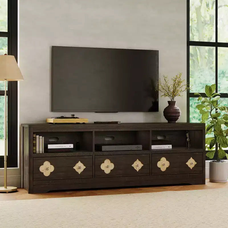 70" Mid-Century Modern TV Stand for TVs up to 85", Entertainment Center with Engraved Drawer and Open Storage Shelves