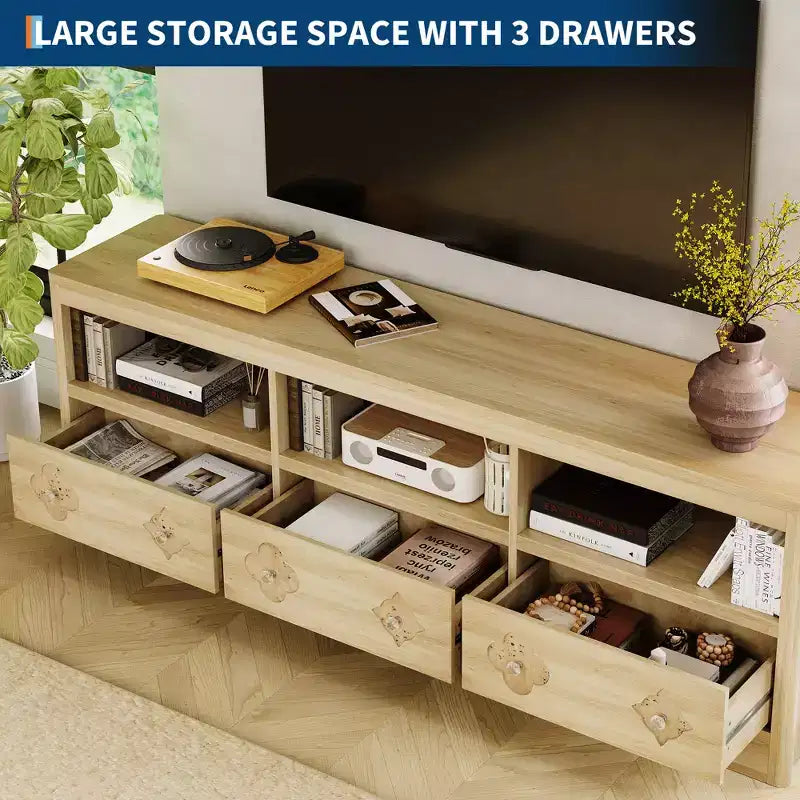 70" Mid-Century Modern TV Stand for TVs up to 85", Entertainment Center with Engraved Drawer and Open Storage Shelves
