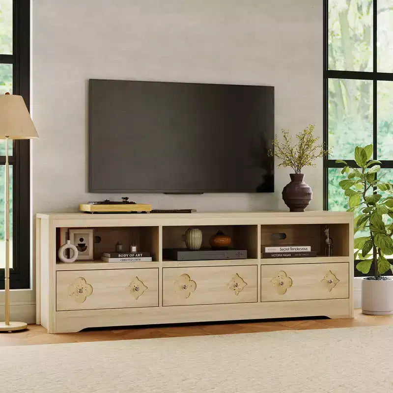 70" Mid-Century Modern TV Stand for TVs up to 85", Entertainment Center with Engraved Drawer and Open Storage Shelves