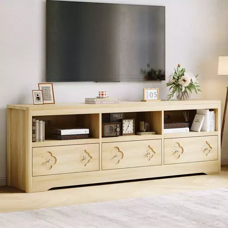 70" Mid-Century Modern TV Stand for TVs up to 85", Entertainment Center with Engraved Drawer and Open Storage Shelves