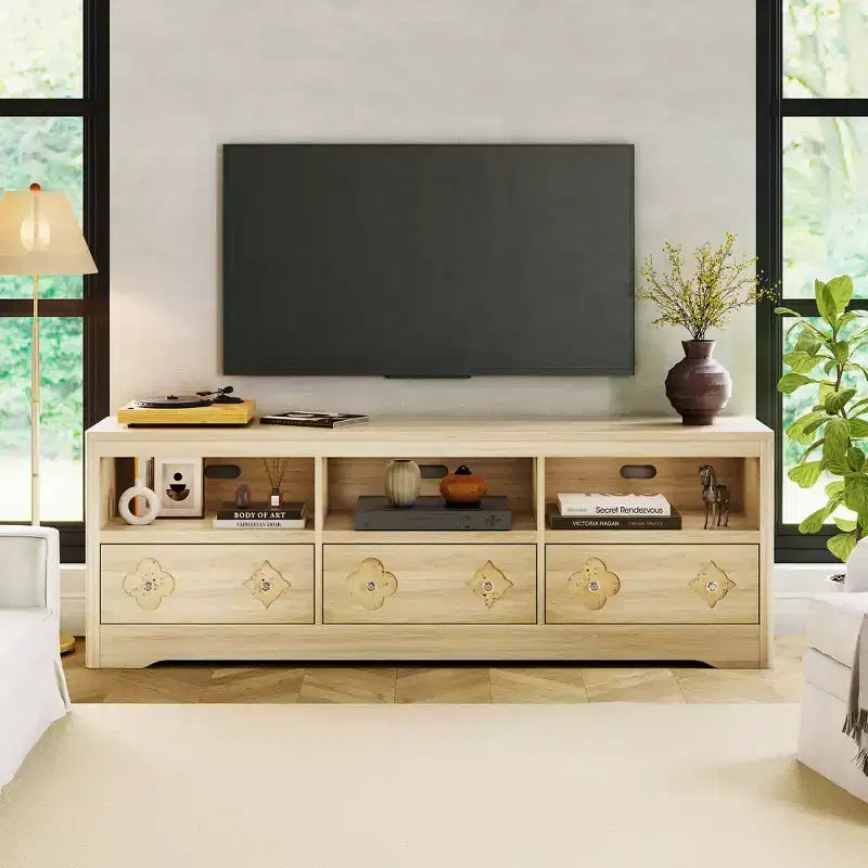 70" Mid-Century Modern TV Stand for TVs up to 85", Entertainment Center with Engraved Drawer and Open Storage Shelves