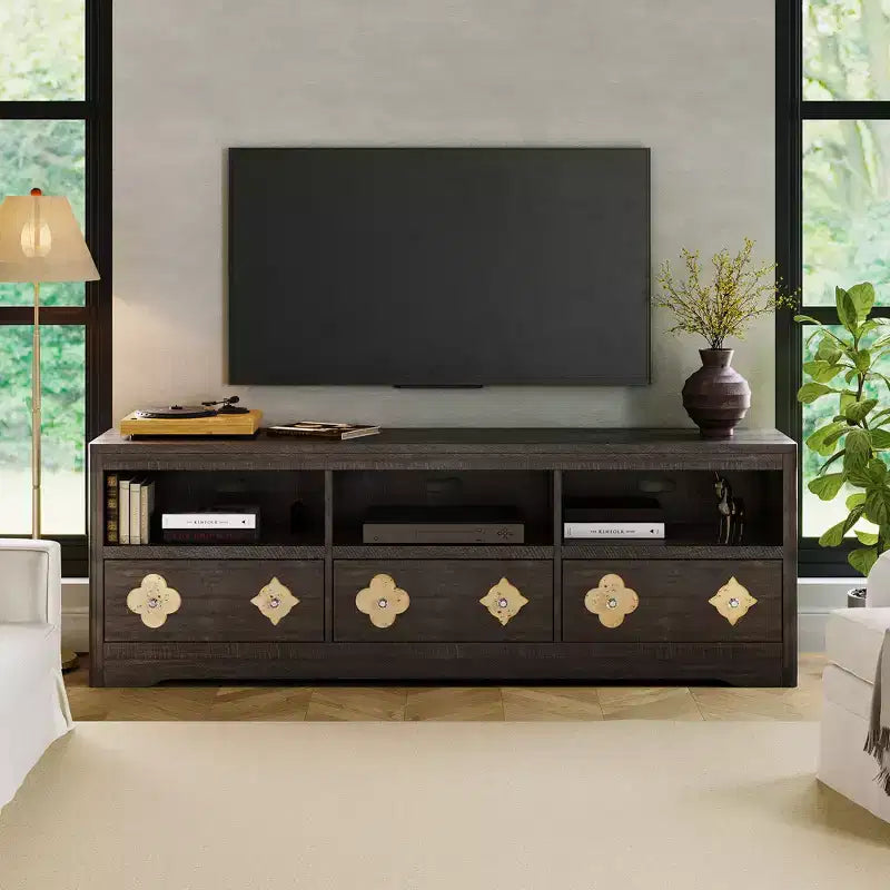 70" Mid-Century Modern TV Stand for TVs up to 85", Entertainment Center with Engraved Drawer and Open Storage Shelves