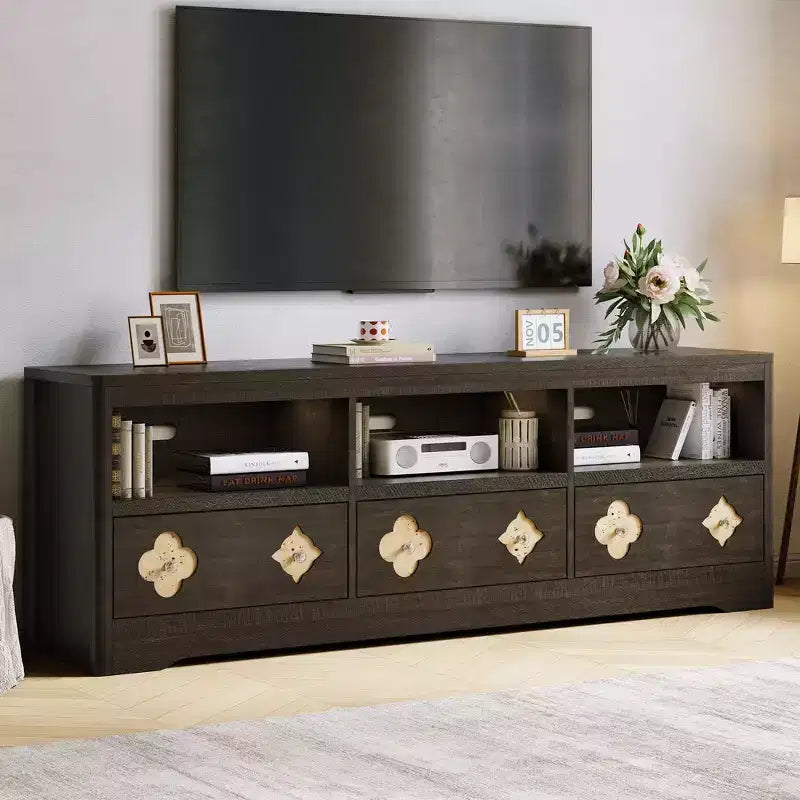 70" Mid-Century Modern TV Stand for TVs up to 85", Entertainment Center with Engraved Drawer and Open Storage Shelves