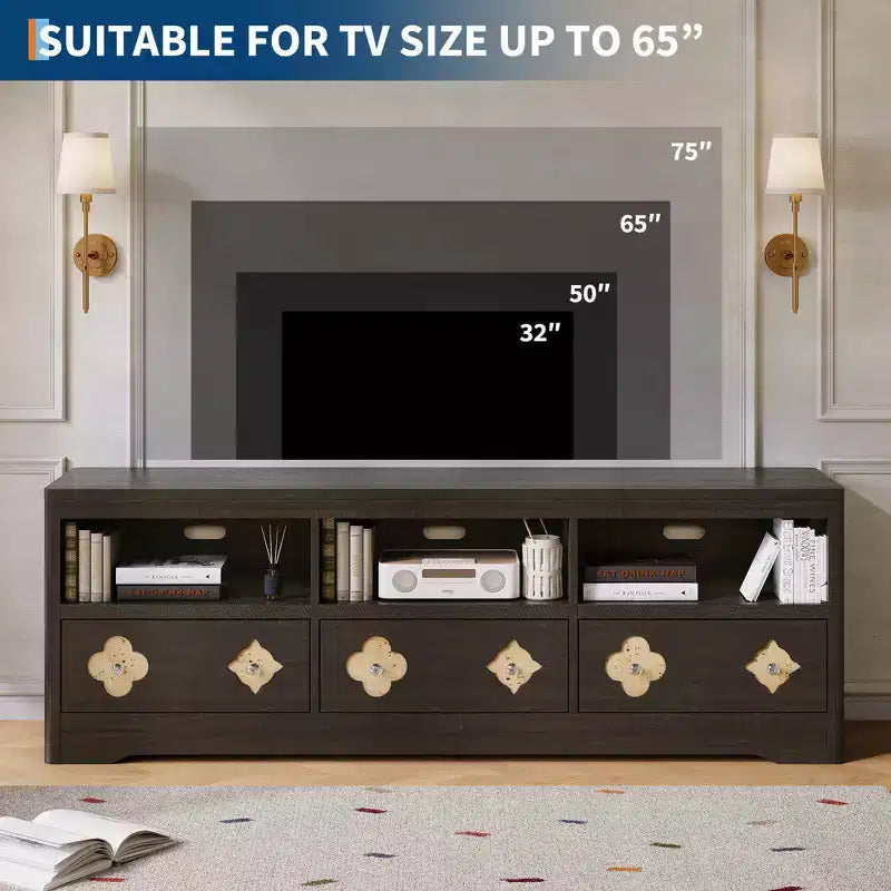 70" Mid-Century Modern TV Stand for TVs up to 85", Entertainment Center with Engraved Drawer and Open Storage Shelves