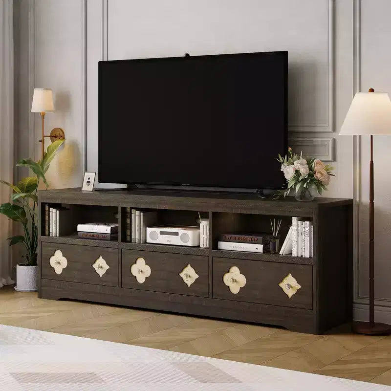 70" Mid-Century Modern TV Stand for TVs up to 85", Entertainment Center with Engraved Drawer and Open Storage Shelves