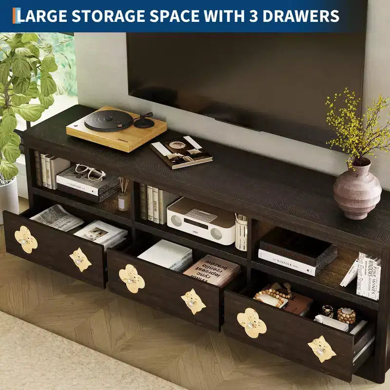 70" Mid-Century Modern TV Stand for TVs up to 85", Entertainment Center with Engraved Drawer and Open Storage Shelves