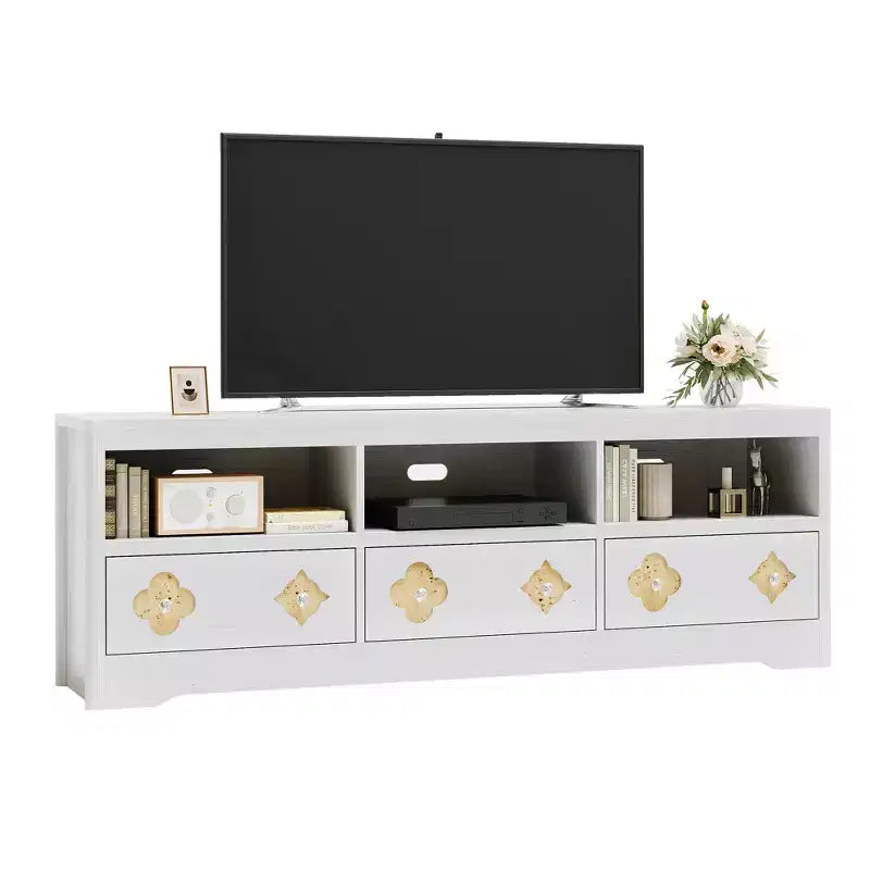 70" Mid-Century Modern TV Stand for TVs up to 85", Entertainment Center with Engraved Drawer and Open Storage Shelves