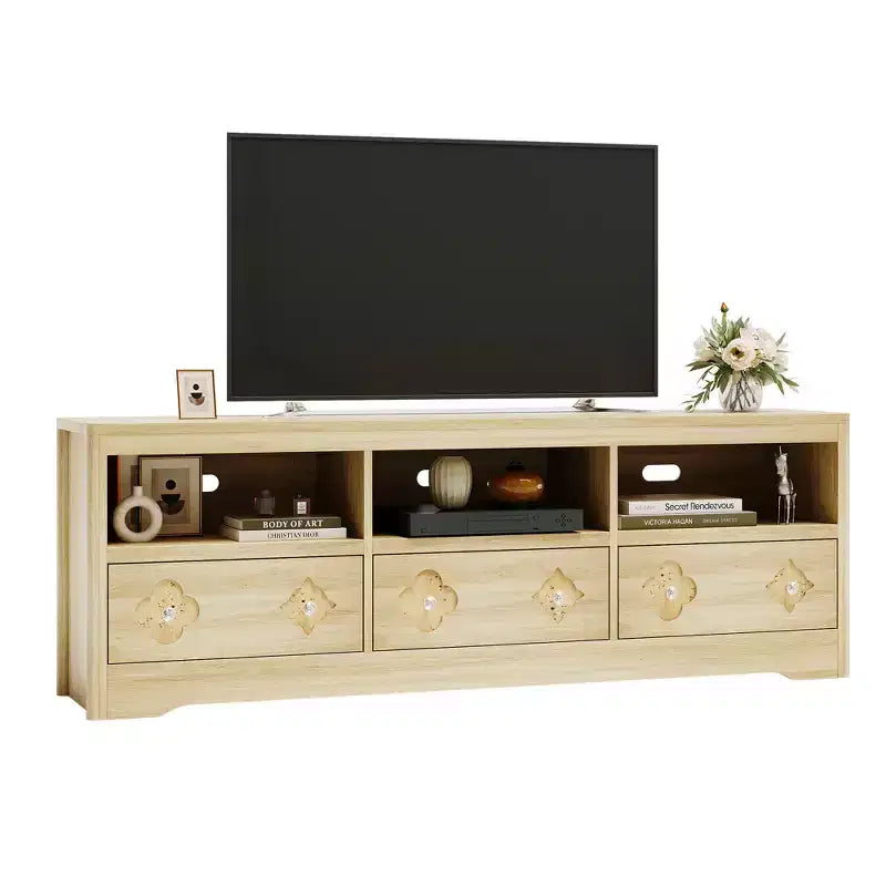 70" Mid-Century Modern TV Stand for TVs up to 85", Entertainment Center with Engraved Drawer and Open Storage Shelves