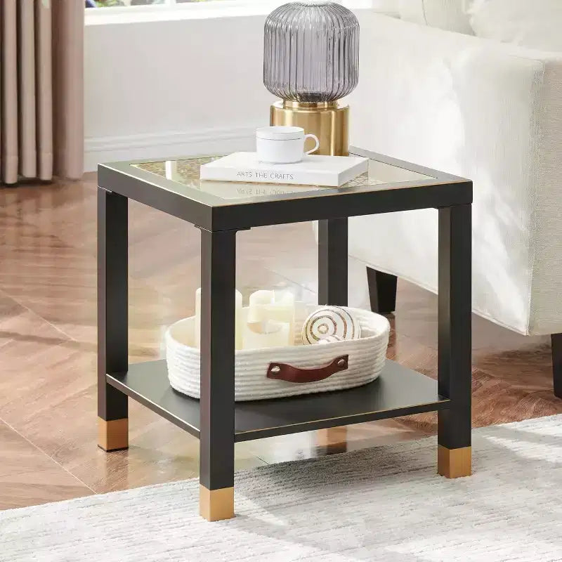 20 Modern 2-Tier Glass End Table with Metal Frame,Versatile Living Room & Bedroom Side Table