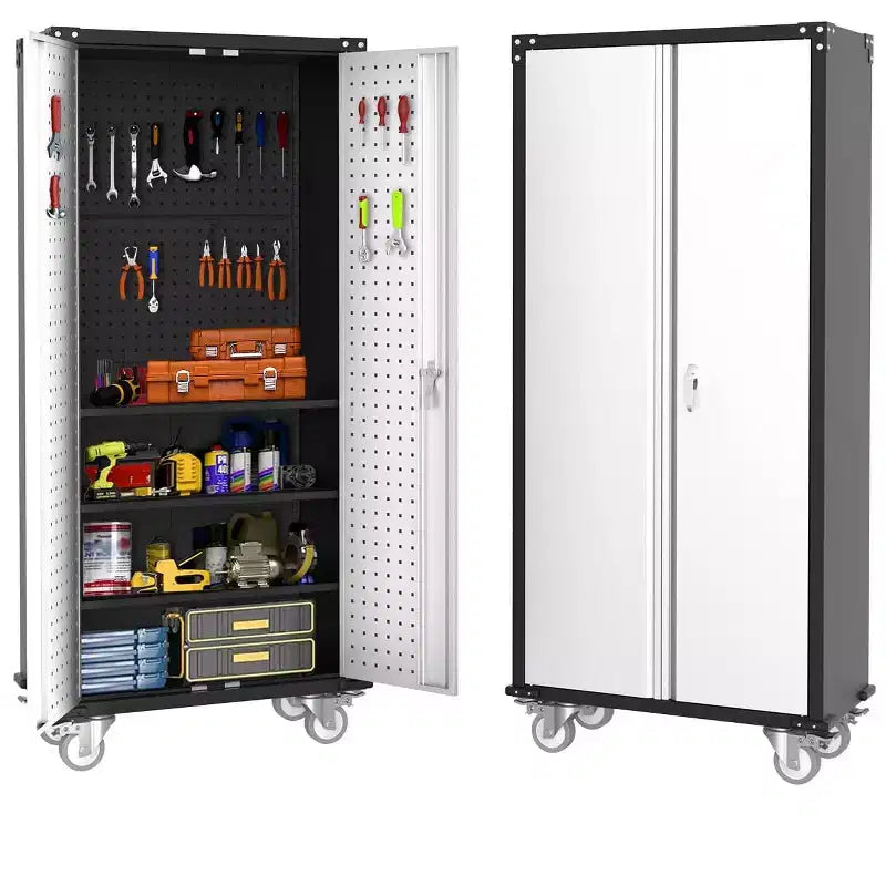 Heavy-Duty Tall Metal Storage Cabinet  Lockable Doors, 4 Adjustable Shelves, Wheels  for Pantry, Garage, Office  Light Grey/Dark Grey