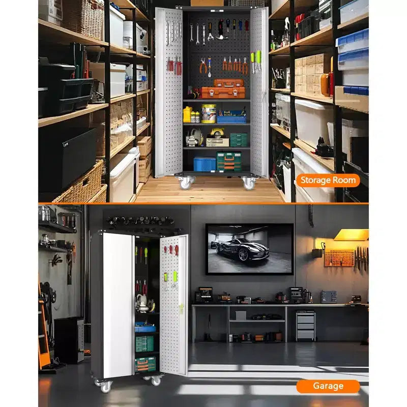 Heavy-Duty Tall Metal Storage Cabinet with Lockable Doors, 4 Adjustable Shelves & Wheels