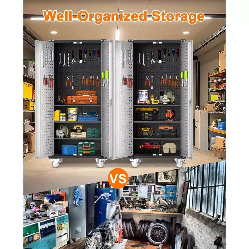 Heavy-Duty Tall Metal Storage Cabinet with Lockable Doors, 4 Adjustable Shelves & Wheels