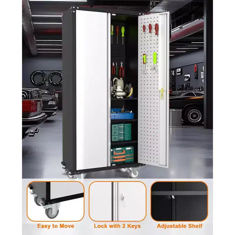 Heavy-Duty Tall Metal Storage Cabinet with Lockable Doors, 4 Adjustable Shelves & Wheels