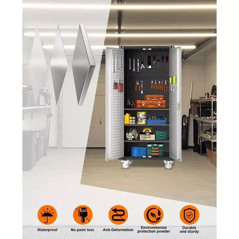 Heavy-Duty Tall Metal Storage Cabinet with Lockable Doors, 4 Adjustable Shelves & Wheels