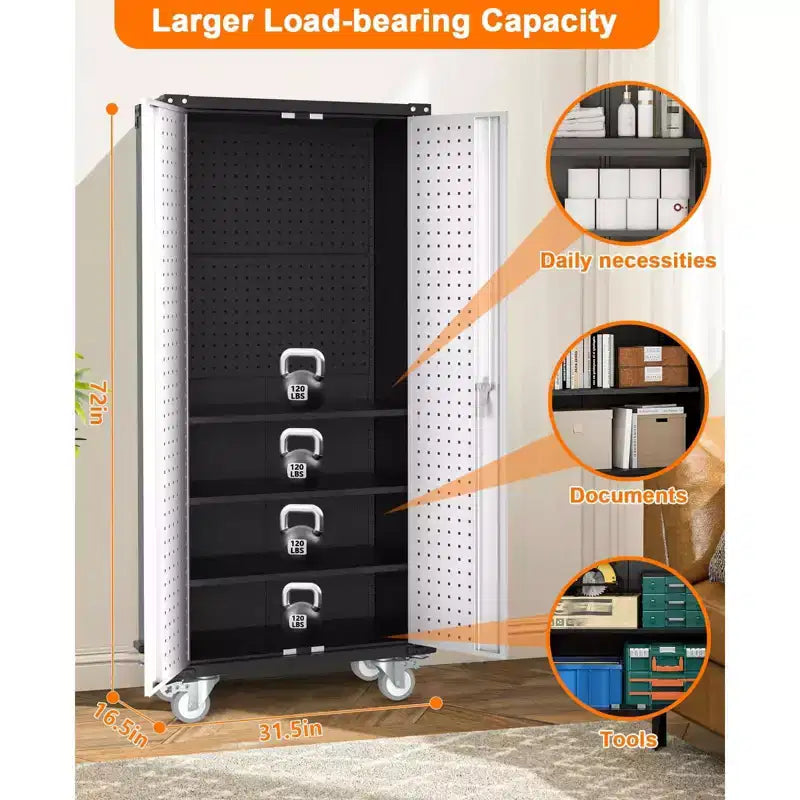 Heavy-Duty Tall Metal Storage Cabinet with Lockable Doors, 4 Adjustable Shelves & Wheels