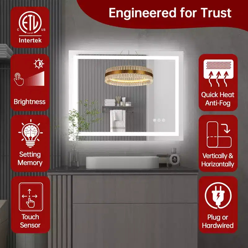 28x36 Wall Tempered Glass Bathroom Mirror with Anti-Fog LED Vanity Light, 3 Color Modes