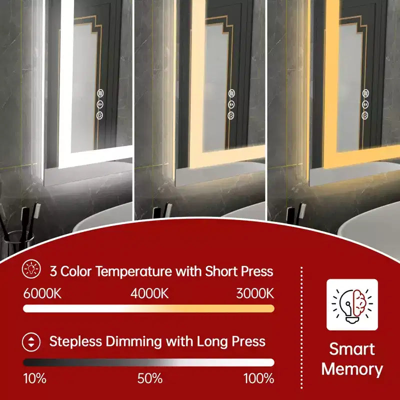 28x36 Wall Tempered Glass Bathroom Mirror with Anti-Fog LED Vanity Light, 3 Color Modes