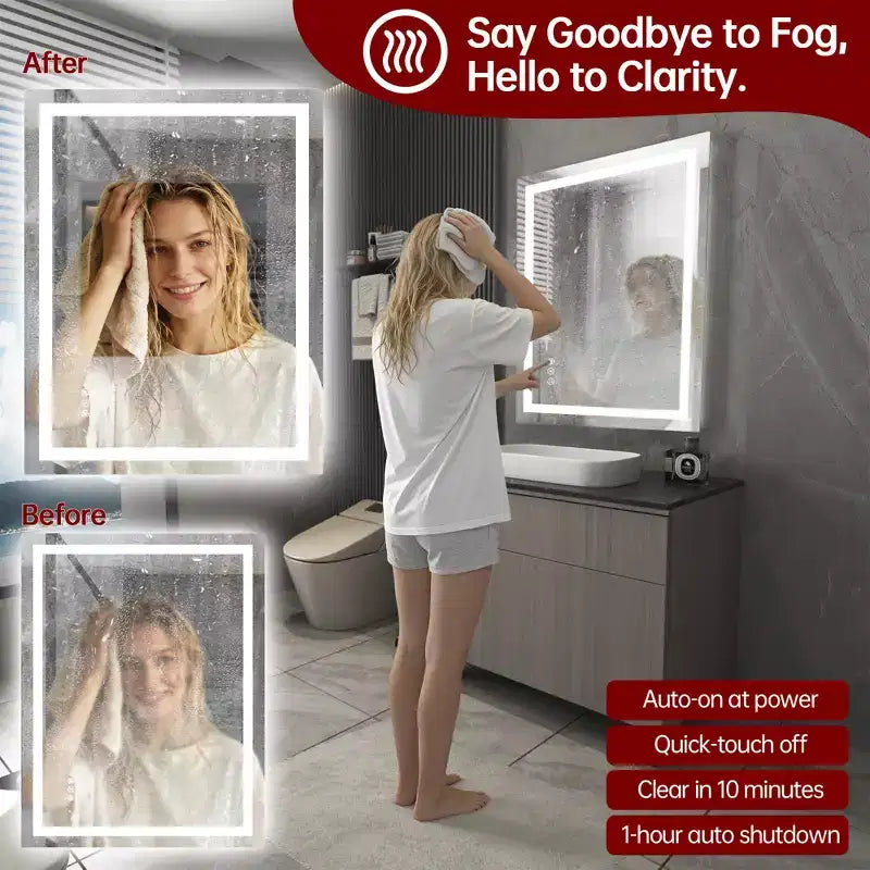 28x36 Wall Tempered Glass Bathroom Mirror with Anti-Fog LED Vanity Light, 3 Color Modes