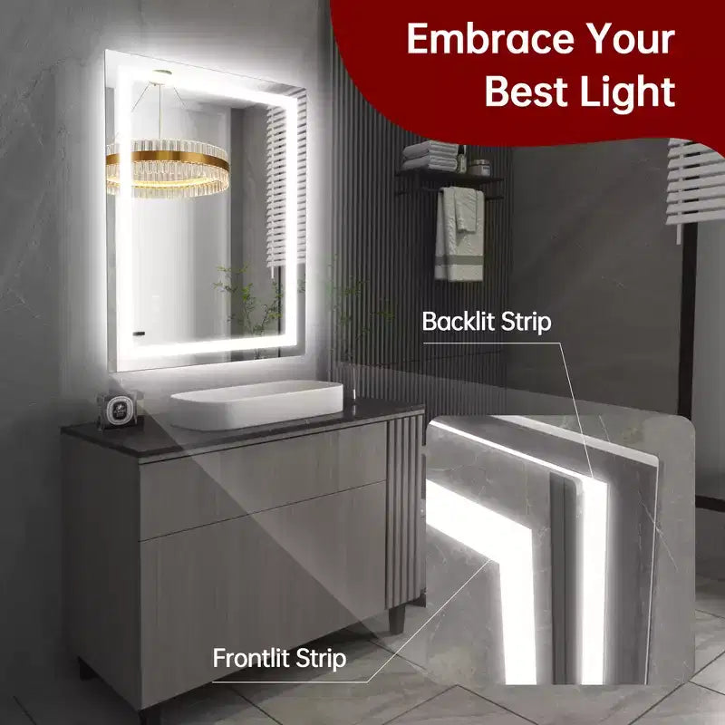 28x36 Wall Tempered Glass Bathroom Mirror with Anti-Fog LED Vanity Light, 3 Color Modes