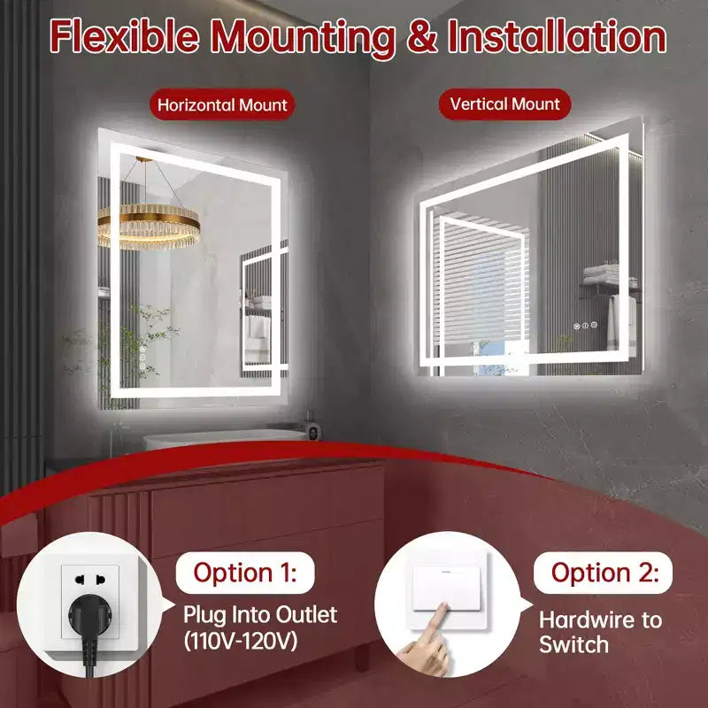 28x36 Wall Tempered Glass Bathroom Mirror with Anti-Fog LED Vanity Light, 3 Color Modes
