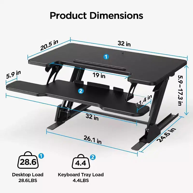 32" Z-Shaped Standing Desk Converter, Height Adjustable Sit-Stand Desk Riser for Home Office